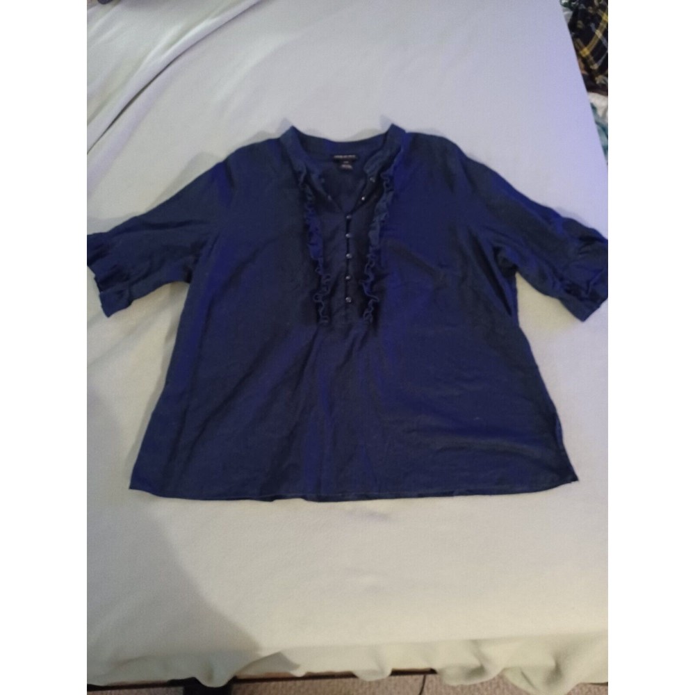 Lane Bryant Blouse Womens 18/20 Blue Ruffle Trim Short Sleeve Linen Cotton Blend